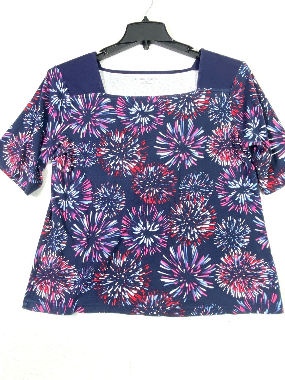 Croft & Barrow Fireworks Top Womens XL Navy Blue Square Neck Americana Patriotic